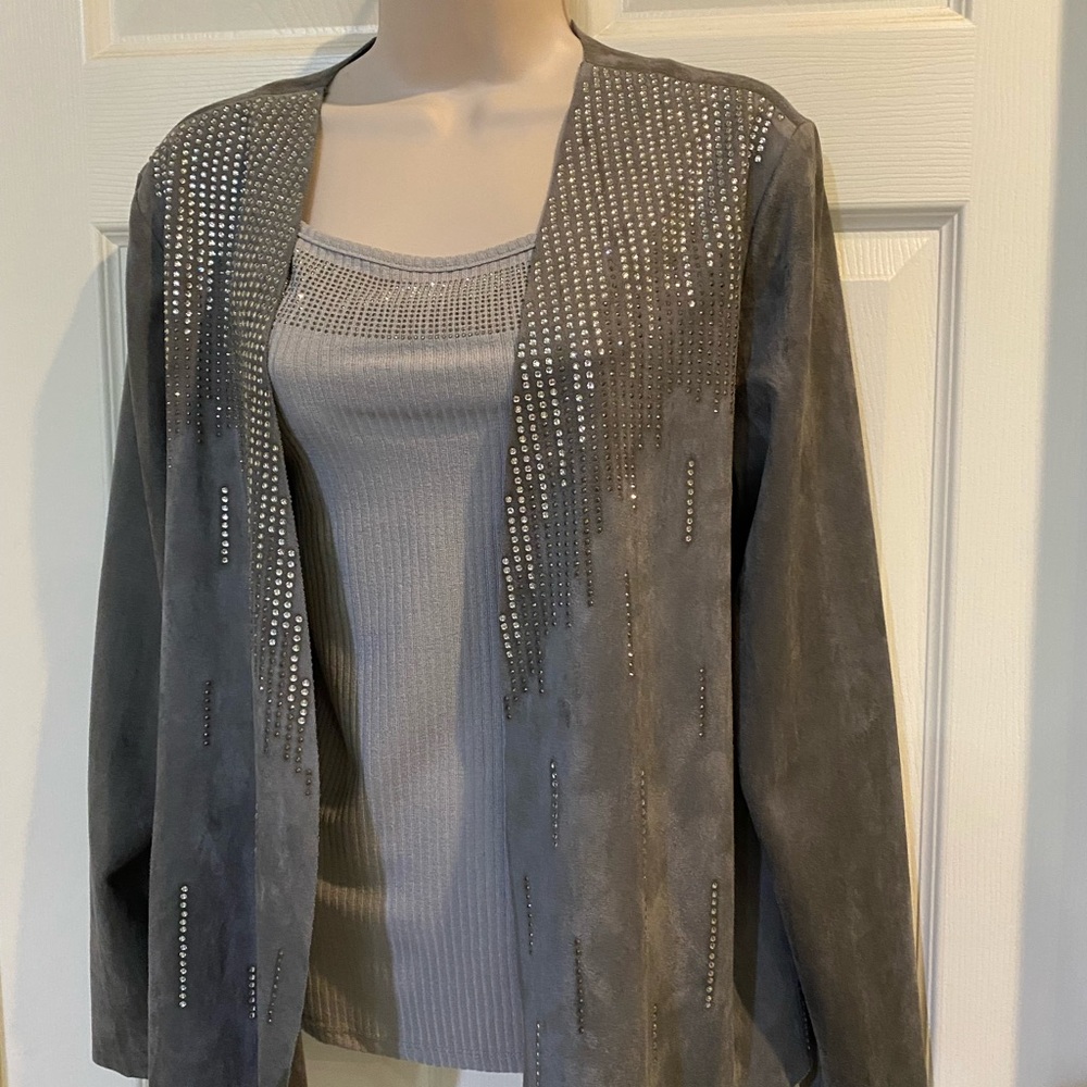 Vocal Grey lightweight jacket with silver cascading rhinestones, suede feel